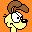 Pixelated icon of a character with brown hair and light-colored clothing against an orange background.
