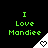 Green text 'I Love Mandiee' above a white triangular shape with a heart symbol on black background.