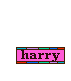 Three identical pink rectangular icons with 'harry' text and brown borders, each bordered by a different colored pixel strip.