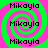 A static image with four identical showing a green and pink spiral background overlaid with the text "Mikayla" in black pixelated font
