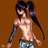 Pixelated character with long dark hair in ponytail, bare torso, blue arm sleeves, and light pants against brown background; yellow displays "MOON BEAM" text