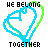 Two side-by-side pixel art frames of a heart-shaped animation with text above and below the heart, showing color swap between blue-green outlines in each frame.