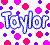Pixelated blue text spelling 'Taylor' on white background with scattered pink and purple pixelated shapes.