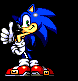 Blue anthropomorphic hedgehog with green eyes, white gloves, red shoes with yellow buckles, giving a thumbs-up gesture in four pixelated poses against black background.