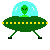 Two identical pixel-art UFOs with green bodies, yellow lights, and transparent blue domes containing a single green alien head.