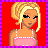 Pixelated character with blonde hair in a bun, wearing pink spaghetti-strap top and white flared pants against red background.