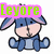 Pixelated blue donkey with pink inner ears and light brown face sits in a static pose, overlaid by green text on a bright pink banner.