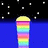 A vertical rainbow-striped object with a yellow top floats against a blue background under a black starry sky, shown in three