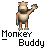 A contact sheet of 8 animated frames showing a pixelated monkey mascot waving, with text "Monkey Buddy" beneath each frame on a gray background.