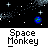 Animated contact sheet of a pixel art space monkey character in various poses against a starry background with Earth and planets, displayed on gray transparency backgrounds between frames.