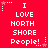 Red background with white pixelated text reading "I LOVE NORTH SHORE People!" repeated in a , surrounded by small star and dot patterns