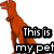 Pixelated orange dinosaur with text overlays reading 'This is my pet', 'dinosaur named', 'Peaches!!', and 'love him!!' on white background.