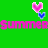 Pixelated green background with two pink heart-shaped balloons and blue hearts below them, displaying 'Summer' text in alternating pink and blue colors.