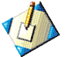 Pixelated diamond-shaped icon with blue corners and beige center, featuring a pencil above an open book symbol on both frames.