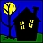 Pixelated image of a black house silhouette with two glowing yellow windows, a tall tree with a large yellow moon behind it, and green ground under a dark blue sky.