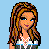 Pixelated character with long brown hair and blue eyes, wearing a white top with black stripes and silver necklace; repeated text "Cutie" in purple-pink gradient surrounded by small blue snowflakes on yellow background.