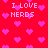 Red background with pink pixelated hearts and repeated text "I LOVE NERDS" in white block letters.