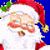 Santa Claus face with red hat and white beard, green holly on left side of hat, blue background.