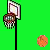 Pixelated basketball hoop and ball animation on green background with red text reading BASKETBALL.