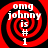 Four identical red and black spiral-patterned icons with white text reading "omg johnny is #1" arranged in a