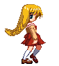 Pixel art animation of a blonde girl in a red school uniform walking left to right across a gray background.