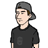 Pixelated character in dark cap and shirt with visible 'G' logo, two poses showing static stance and raised hands over white background.