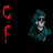 Red pixelated C and F letters on left, teal-haired figure with white face and red chest mark on right against black background.