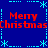 Blue background with cyan dotted border and snowflake corners, red text 'Merry Christmas' repeated four times in pixelated font.