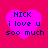 Four identical pink hearts on a red background, each containing blue pixelated text reading "NICK i love u soo much".