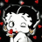 Pixelated cartoon character with white face, black hair, red lips, and gold earrings against black background with red dots.