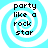 Four identical pixelated icons arranged in a , each displaying the text "party like a rock star" over a light blue and white spiral background
