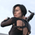 Pixelated figure in dark outfit with cutout details, arms raised in dynamic pose against light background.