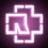 Pixelated purple and white cross-shaped icon with layered outlines on dark background.