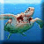 Pixelated static image of a person swimming underwater in a green and white swimsuit against blue water background.
