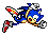 Six pixel-art frames of a blue hedgehog character in mid-air motion against a gray background, showing sequential movement from left to right.