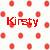 Pixelated red text 'KIRSY' centered on a pastel checkered background with scattered red circular shapes.