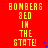 Red background with yellow text repeating 'BOMBERS 8ED IN THE STATE!' in a pattern, scattered blue dots, and a gray rectangle in the bottom-right corner