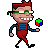 Pixelated character with red hair and green glasses holds a four-colored sphere while wearing blue striped shirt and red overalls.