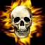 Pixelated skull with hollow eye sockets and visible teeth, surrounded by orange-yellow flames on a black background.