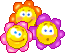 Pixelated flower-shaped icons with yellow smiley faces, orange petals, and pink/purple flower layers on gray background.