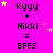A bright pink background displays four identical vertical of text with yellow and white stars scattered throughout, each showing 'Kyuy + Nikki = BFFS' in black pixelated font