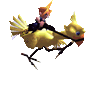 Pixelated character with orange hair rides yellow bird-like creature on black branch, showing three sequential poses against white background.