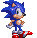 Pixel art of a blue hedgehog character in four poses with red shoes, white gloves, and brown accents on gray background.