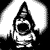 Black-and-white pixelated animation of a figure with an open mouth, wearing a pointed hat and shirt, transitioning from a rounded to flat circular shape.