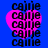 A blue background with four pink heart shapes, each containing repeated black text 'cajje' and one instance of 'callie', arranged in a