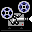 Pixelated film projector icon with two reels, gray body, white stripe, red dot, and blue-and-white reel patterns on black background.