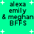 Green background with white plus signs and black text reading "alexa emily & meghan BFFS" in four identical quadrants.