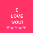 Pixelated text 'I LOVE YOU!' in white on bright pink background with five purple hearts below.