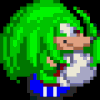 Pixelated green-haired character with brown nose and white gloves, wearing blue shorts with white stripes, shown in multiple poses including running, jumping, and static views.