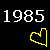 Six heart-shaped icons in yellow, pink, blue, green, purple, and gray with '1985' text above each on a black background.